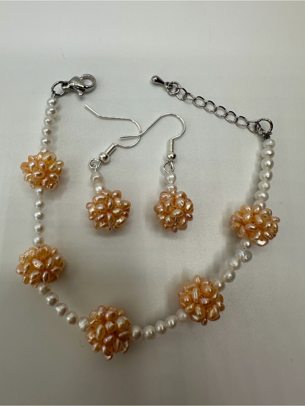 Authentic Pearl and Peach Cluster Bead bracelet & Earring Set